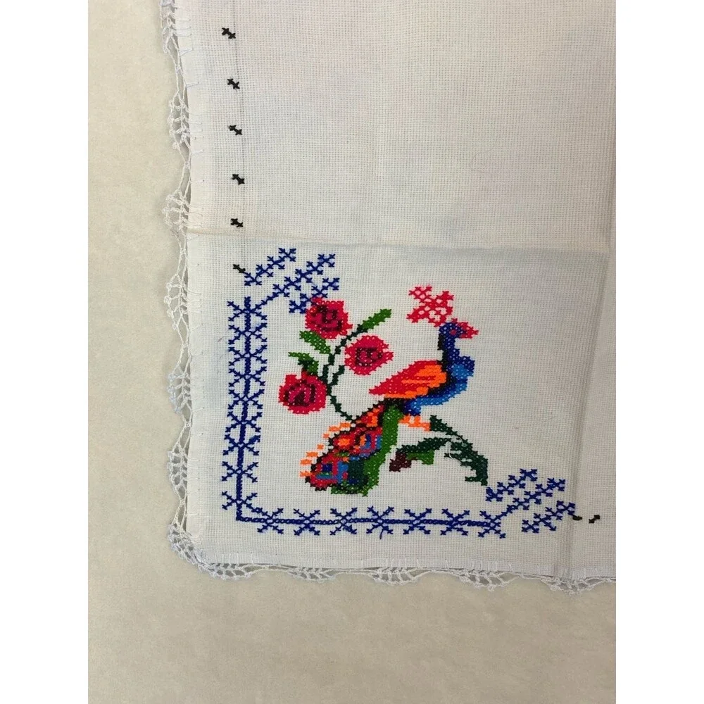 Vintage Handmade Cross-Stitch Peacock and Floral Table Topper Lace Trim 17x21